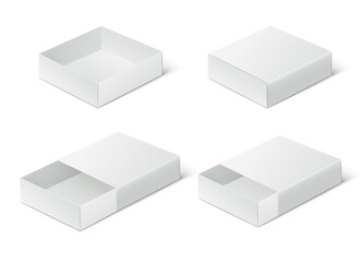 Closed, open empty cardboard box slider. White gift packaging mockup on a white background.