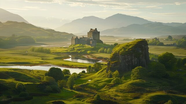 The serene landscapes of the Scottish Highlands, with rolling green hills and ancient castles