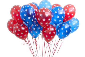 balloons decorated with stars and stripes in vibrant red, white, and blue, floating gently, isolated on a white PNG