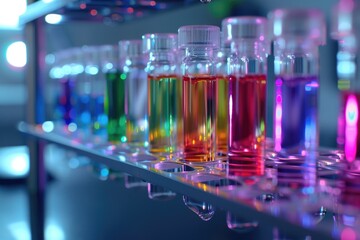Transparent glass vials containing different colored solutions in a scientific research laboratory environment.