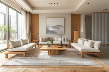 Spacious minimalist living room with functional furniture, soft gray color palette, abundant natural light, and smooth wood textures creating a calming and clutter-free atmosphere.