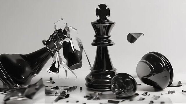 Black and white marble chess battle, Chess victory king game, Checkmate strategy competition and battle of chess game concept and water splashes in 3D