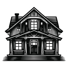 Wooden House silhouette with trees on background flat vector illustration, Minimal House on white background