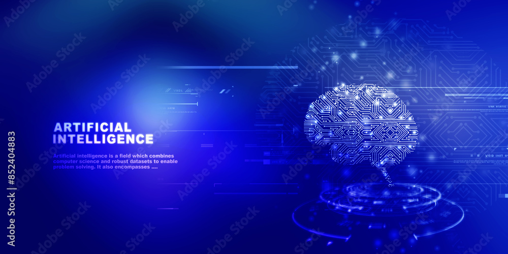 Poster 2d illustration concept of thinking, background with brain, abstract artificial intelligence. techno