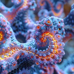 Abstract Close-Up of a Colorful Coral-Like Structure with Intricate Patterns and Glowing Elements Creating a Vibrant Display