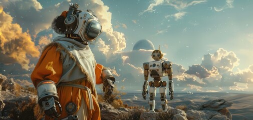 Astronaut and Robot on a Distant Planet with Cloudy Sky and Futuristic Landscape in an Alien World