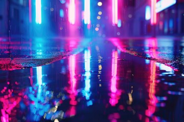 Obraz premium Multi-colored neon lights on a dark city street, reflection of neon light in puddles and water. Abstract night background, blurred bokeh light. Night view colorful