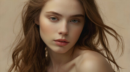 Fashion Model with Soft Makeup and Wavy Hair, Serene Studio Portrait