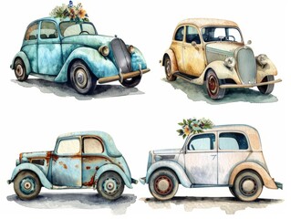 Fototapeta premium Set of hand drawn watercolor wedding car isolated on background.