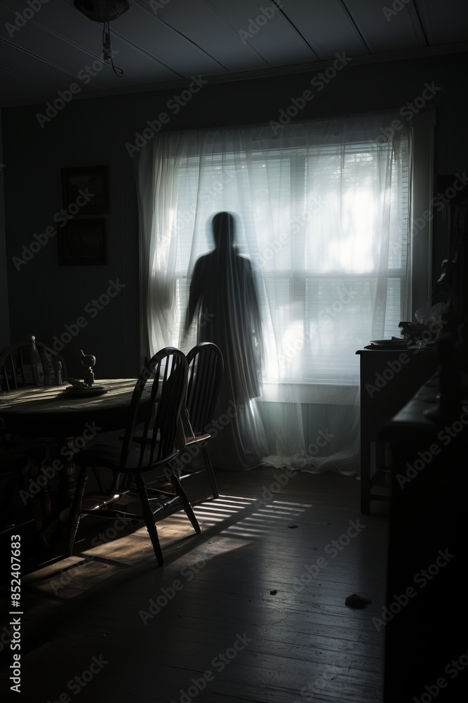 Poster a person is standing in front of a table in a dark room