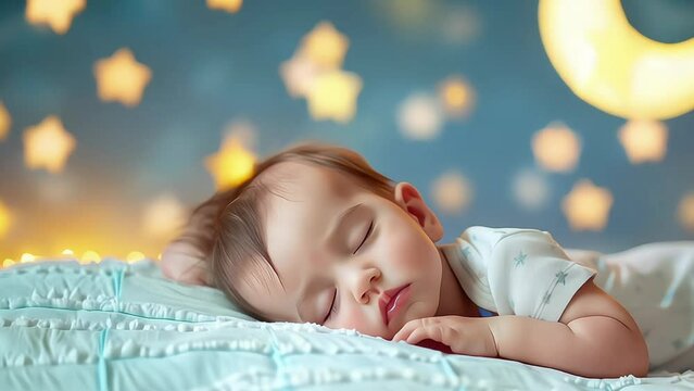 lullaby background with stars and moon cartoon baby boy sleeping with eyes closed in half moon clouds created with Generative AI Technology