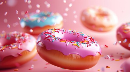 Round donuts with sprinkles, dessert in sweet pink glaze. Sweet dessert. Bright, juicy background.