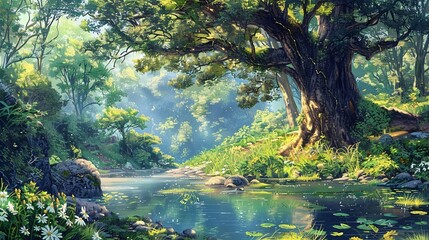 A beautiful forest scene with a large tree in the middle
