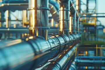 Pipeline and pipe rack of petroleum, chemical, hydrogen or ammonia industrial plant. Industrial zone Close up.