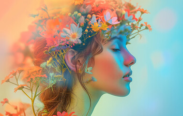 Dreamy portrait of a young woman with a floral crown in ethereal light