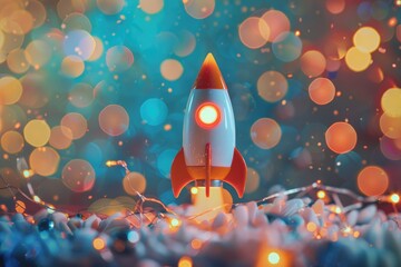 A playful toy rocket stands ready for an imaginary journey, set against a magical, colorful bokeh background.