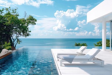 Fototapeta premium Sea view.Luxury modern white beach hotel with swimming pool. Sunbed on sundeck for vacation home or hotel