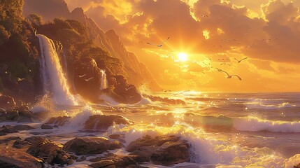 Fototapeta premium A serene coastal waterfall, waves crashing against rocks, seagulls flying above, the sun setting in the background, golden hues reflecting off the water