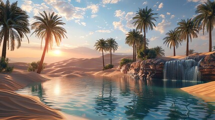 A tranquil desert oasis with a waterfall, palm trees surrounding a crystal-clear pool, the sun setting behind sand dunes, a serene and peaceful scene
