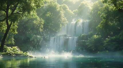 A tranquil forest scene with a cascading waterfall, lush greenery surrounding, soft sunlight filtering through the trees, mist rising from the water surface