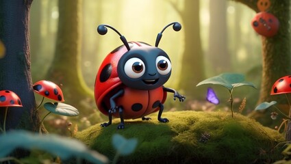 3D rendered illustration animated scene of a ladybug cute monster with expressive eyes and a playful demeanor 