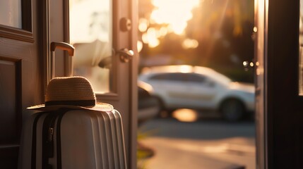A  suitcase sits at the door  of a house, with a car parked in the driveway and a bright, sunny day outside.