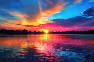 Obraz premium An image of a vibrant sunset over a serene lake, with colorful reflections shimmering on the water