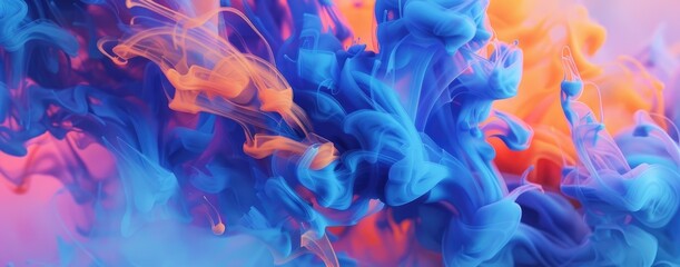 Spectacular image of blue and orange liquid ink churning together, with a realistic texture and great quality. Digital art 3D illustration