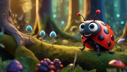 3D rendered illustration animated scene of a cute ladybug monster with expressive eyes and a playful demeanour 
