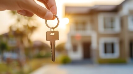 Hand holding a house key with home in the background, representing real estate, new home purchase, or property investment.