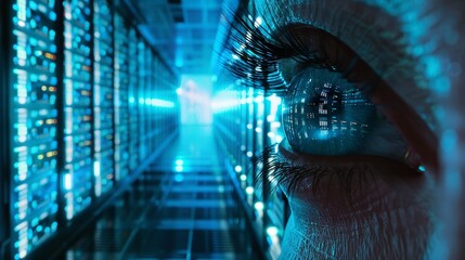 Obraz premium A digital eye surveys a neonlit server farm abstract