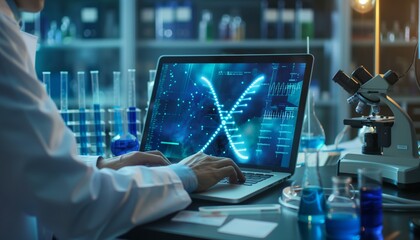 Research in the laboratory has an open laptop displaying DNA medical data using digital twin technology