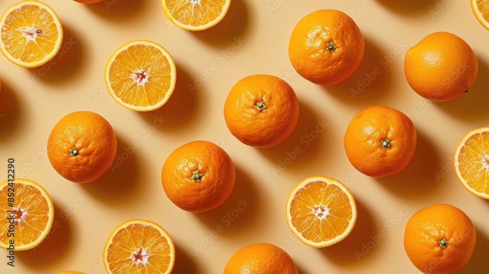 Poster fresh oranges overhead view on simple backdrop