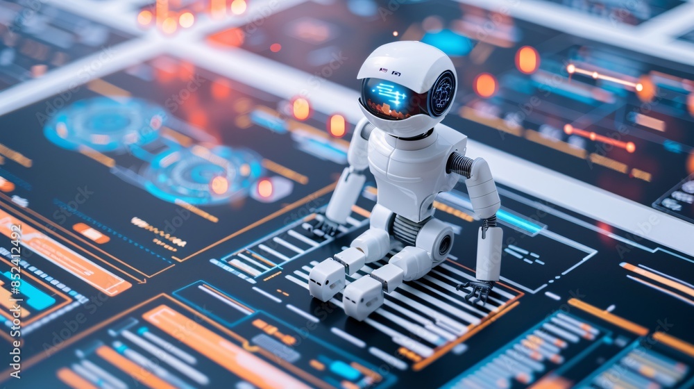 Poster a robot is sitting on a computer monitor with a blue face