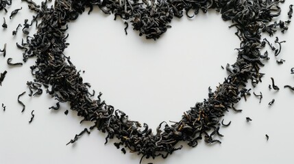 Top view of heart shaped frame with dried tea leaves on white background with room for messages