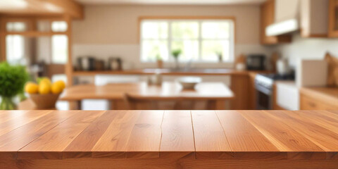 Wooden table top on blur modern kitchen interior background