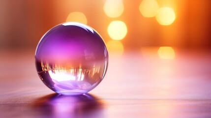 A Crystal Sphere with a Purple Hue Reflecting Light Against a Warm Bokeh Background