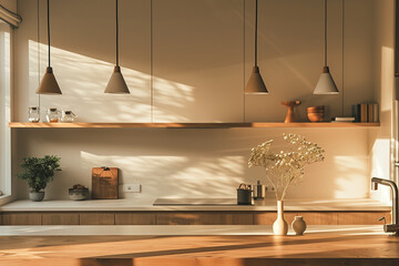 Sleek minimalist kitchen with geometric shapes, warm neutral color palette, soft morning glow, and matte finishes creating a serene and spacious atmosphere.