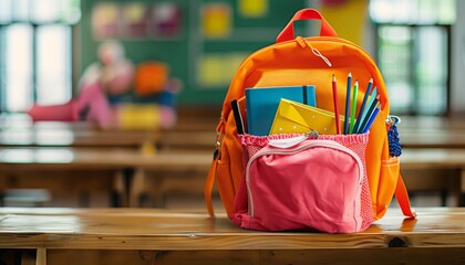 A brightly colored backpack opens on a school bench