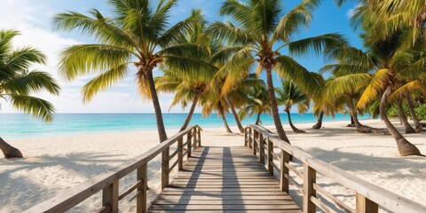 A scenic tropical beach view with lush palm trees and a wooden walkway