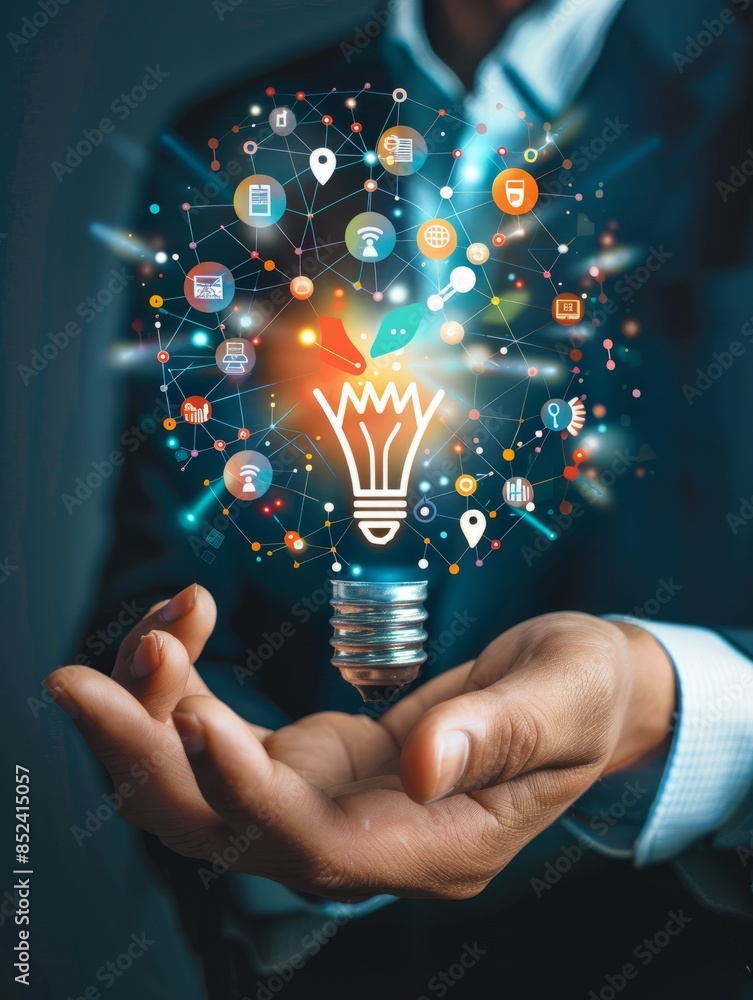 Poster businessman holding creative light bulb with growth graph, analytics icons. utilizing analytics tech