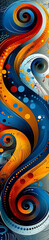 Obraz premium A colorful abstract painting with a spiral design. The colors are blue, red, and yellow. The painting has a lot of dots and swirls, giving it a dynamic and energetic feel