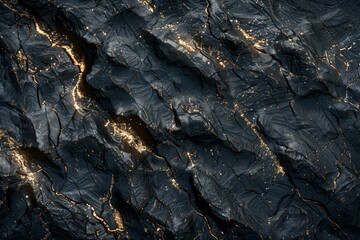 A close-up view of black rock with gold veins and glitter