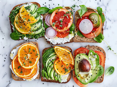 Top View of Five Tostas with Colorful Fruits and Veggies on White Marble Background