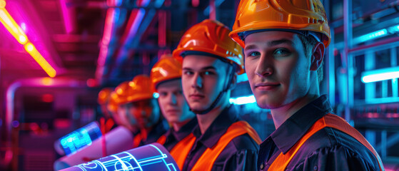 A group of men wearing orange safety gear and helmets are standing together