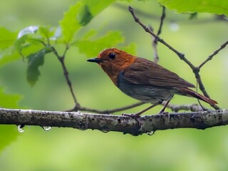 雨の日に森の中で枝に留まっている、水滴がたくさんついているコマドリの雄