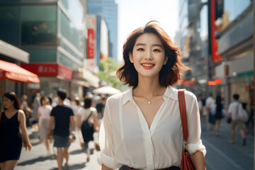 A woman is walking down a busy street with a red umbrella in the background