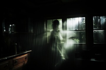 a person standing in front of a window in a dark room