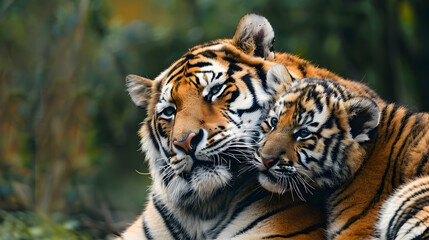 Fototapeta premium Close-Up Photo of a Mother Tiger and Her Cub