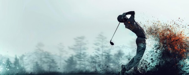 Silhouette of a golfer swinging a club with a burst of color behind him.